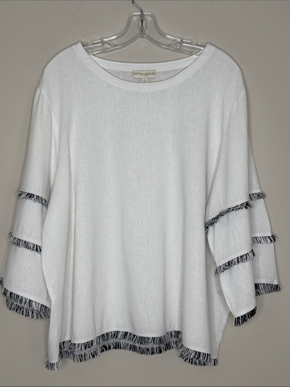Cynthia Rowley White Pullover Linen Blend Tunic with Black Fringe Trim